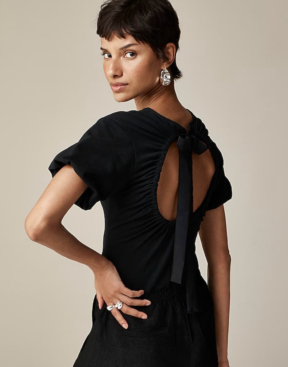 J.Crew Open Back Puff Sleeve Top Stretch Cotton Satin Bow Preppy Small NWT